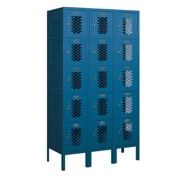 5 Tier Box Vented Locker, 36"Wx66"Hx15"D, 15 Door, Blue, Unassembled
